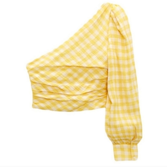 NWOT Zara Asymmetric Venus Yellow Gingham One Shoulder Crop Top M - Picture 6 of 12